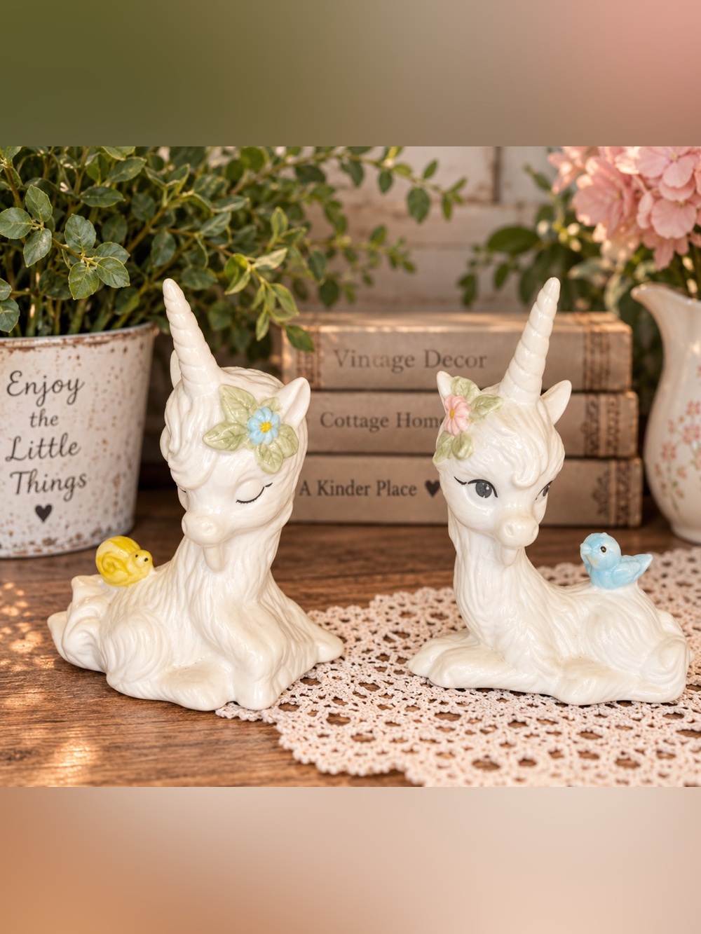 Vintage Mini Ceramic Unicorn Figurines Pair Birds Flowers 3x2 Cottagecore
